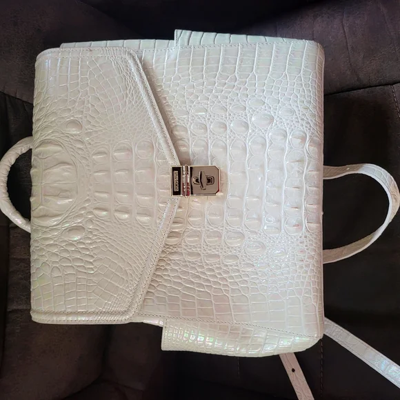 Brahmin White Backpack with Croc-Embossed Texture Small Kathleen | Ivory Alden Road | BRAHMIN main image 4